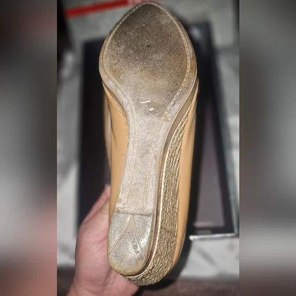 Prada Women's Nude Peep Toe Wedges - Picture 2 of 6